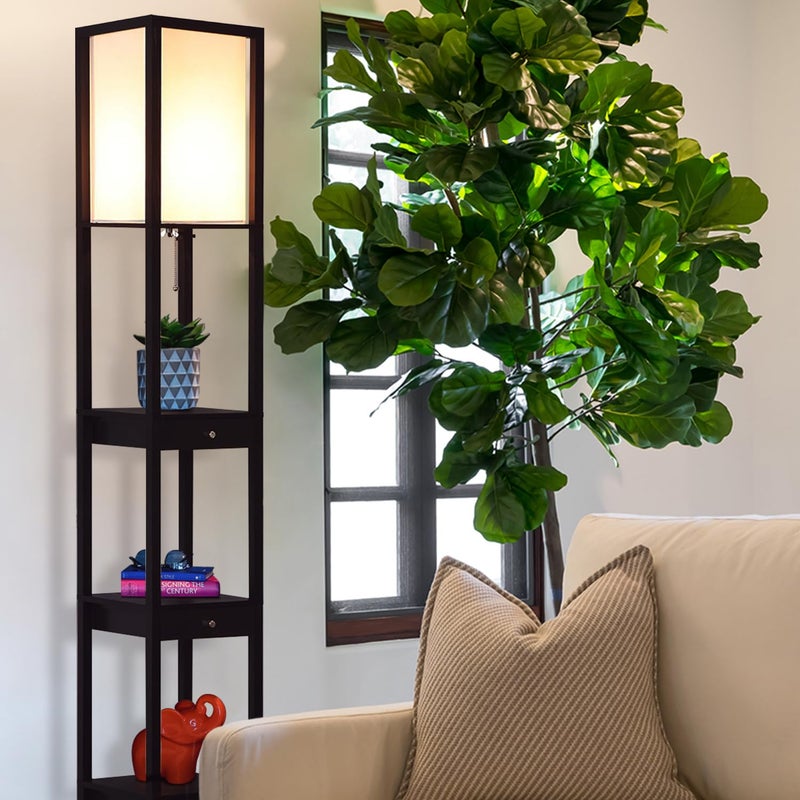 Brightech Maxwell Drawer Edition - Modern Shelf Floor Lamp with Drawer - Corner Display Floor Lamps with Shelves for Living Room, Bedroom and Office - Black - Image 3